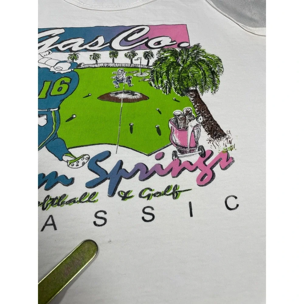Vintage 1993 Palm Springs Gas Co Tank Top Men L White Golf Made in USA